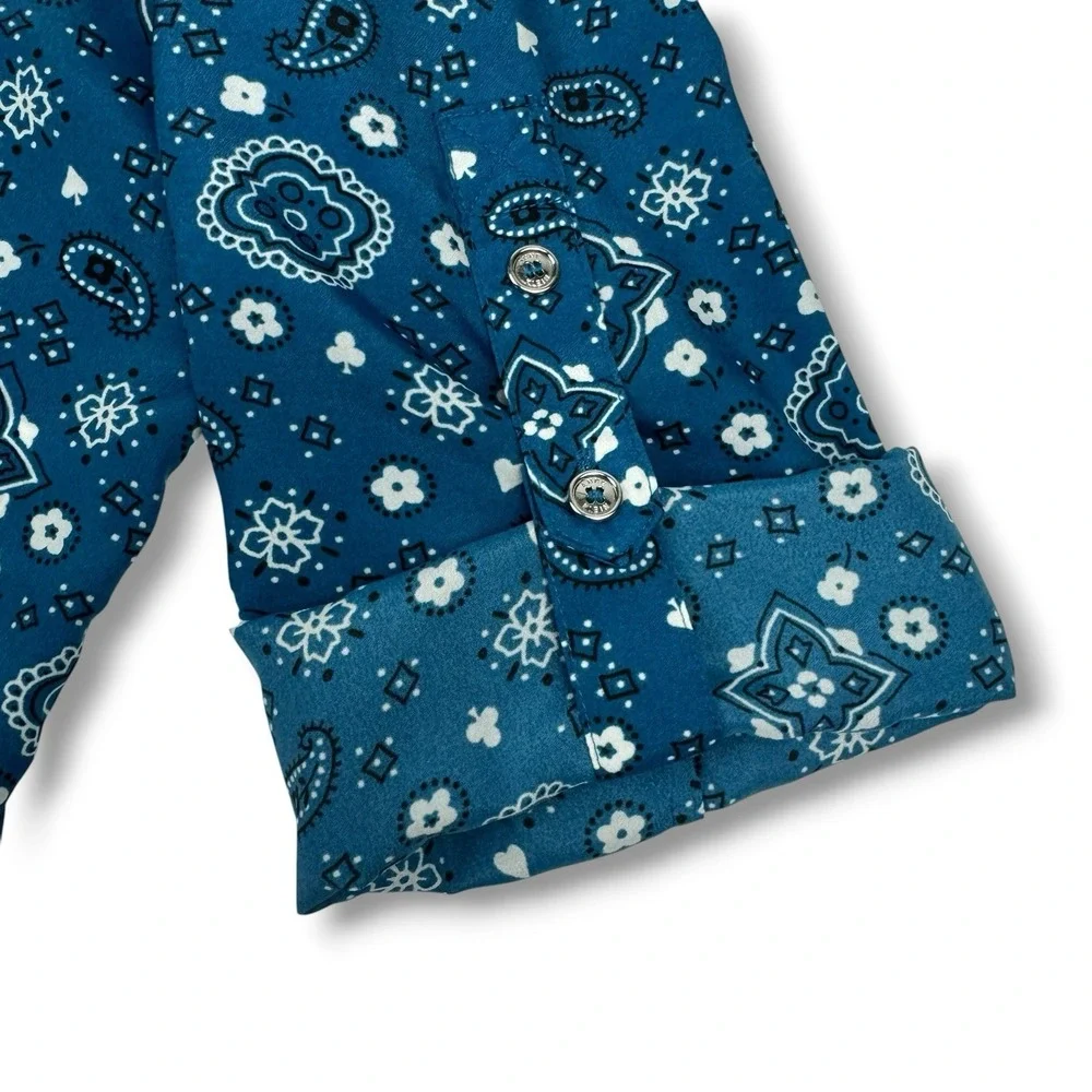 Anne Klein Bandana Paisley Floral Blouse Button Up Top Sz 10 Fiji Blue Roll Tab